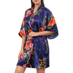 Womens Satin Robe Floral Bridesmaid Bridal Party Robes Silk Kimono Dressing Gown